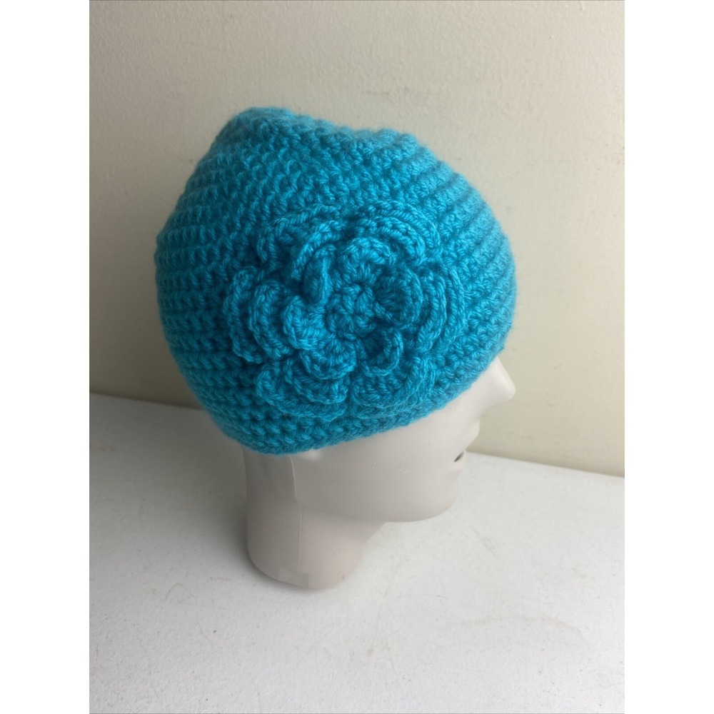 CROCHET Beanie Hat Teal Blue Handmade Flower Cap‎ Cottagecore Youth O/S